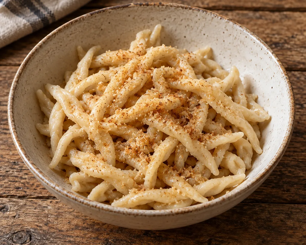 Irregular hand-twisted Strozzapreti with a light dry scatter of fine breadcrumbs and cinnamon.