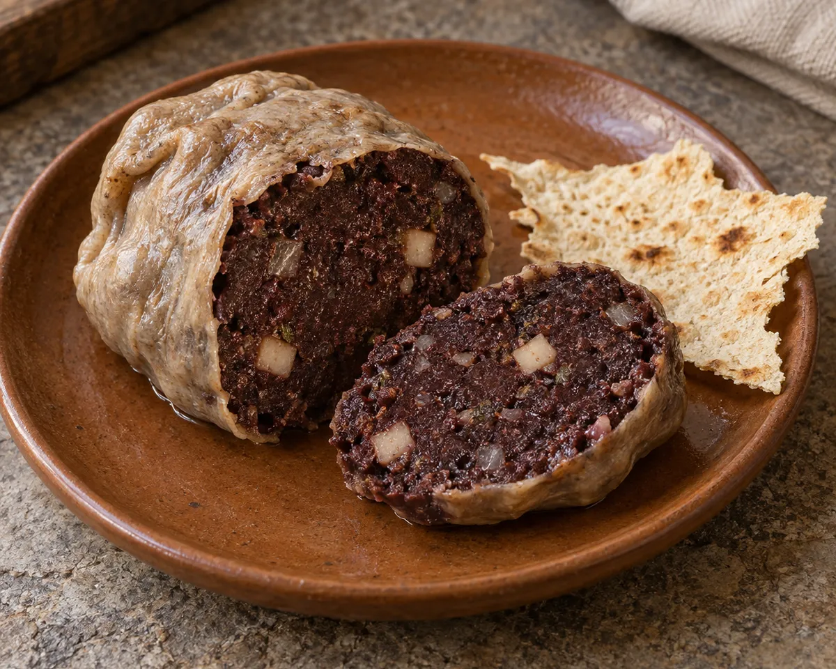Su zurrette in an opened sheep-stomach pouch, with a slice showing dark blood pudding and pale cheese cubes beside pane carasau.