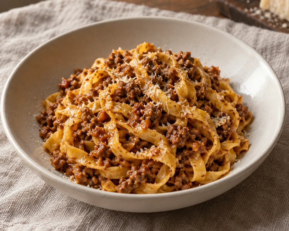 Fresh egg tagliatelle loosely tossed with coarse meat ragù and a light sprinkling of Parmigiano.