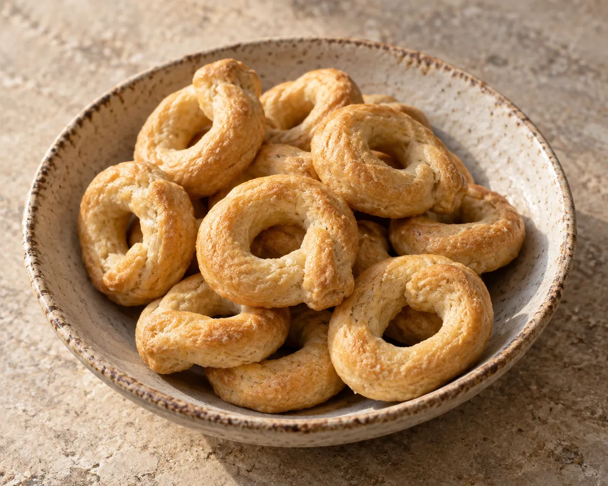 Small golden taralli rings with overlapping joins and a dry, cracked crust.
