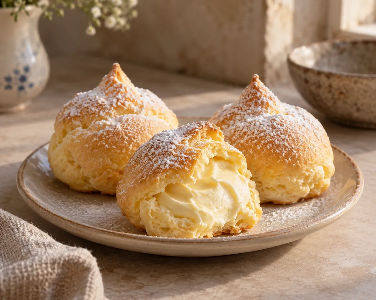 Three powdered-sugar-dusted peaked sponge pastries, one opened to show its pale cream filling.