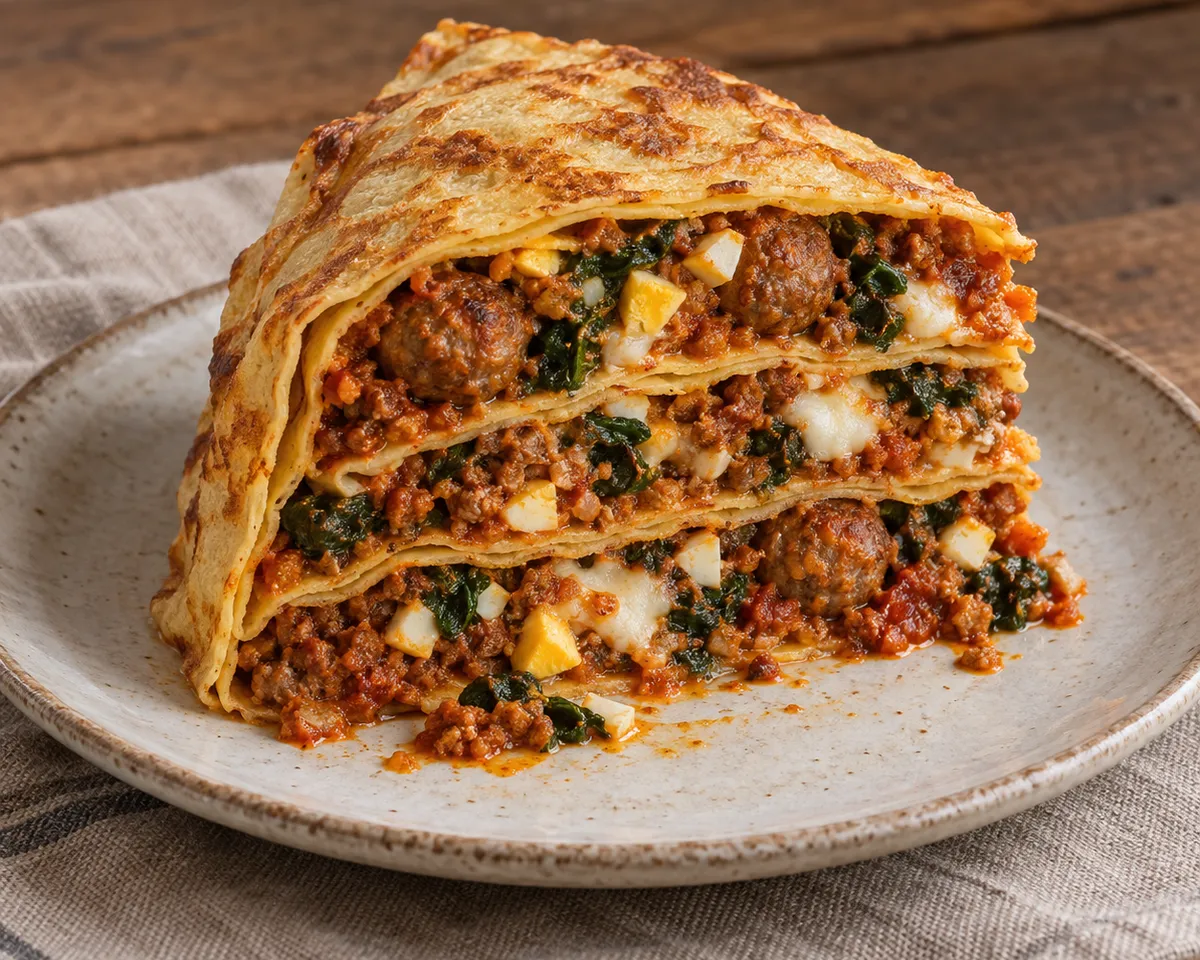 A cut wedge of scrippelle timballo with thin crêpe layers, ragù, small meatballs, spinach, egg, and mozzarella.