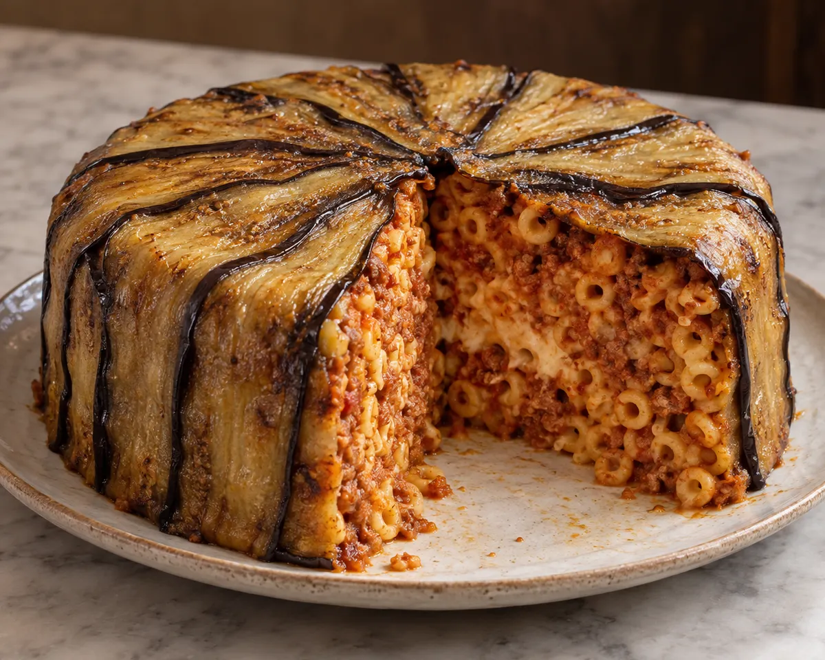 Round eggplant-wrapped timballo with a cut wedge exposing anelletti, pork ragù and melted caciocavallo.