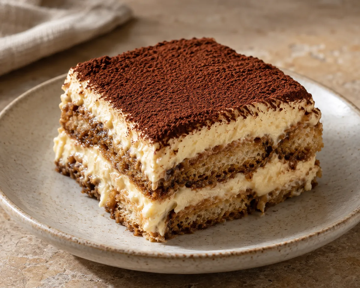 A square slice of tiramisù with mascarpone cream, coffee-soaked savoiardi, and cocoa on a speckled plate.