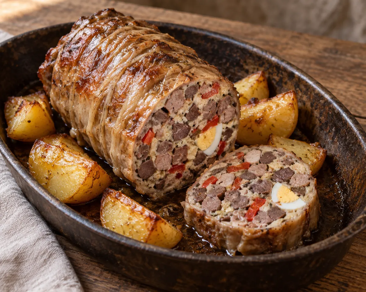 Baked Abruzzese torcinello roulade and a cut slice showing small organ pieces, peppers and boiled egg, with roasted potatoes.