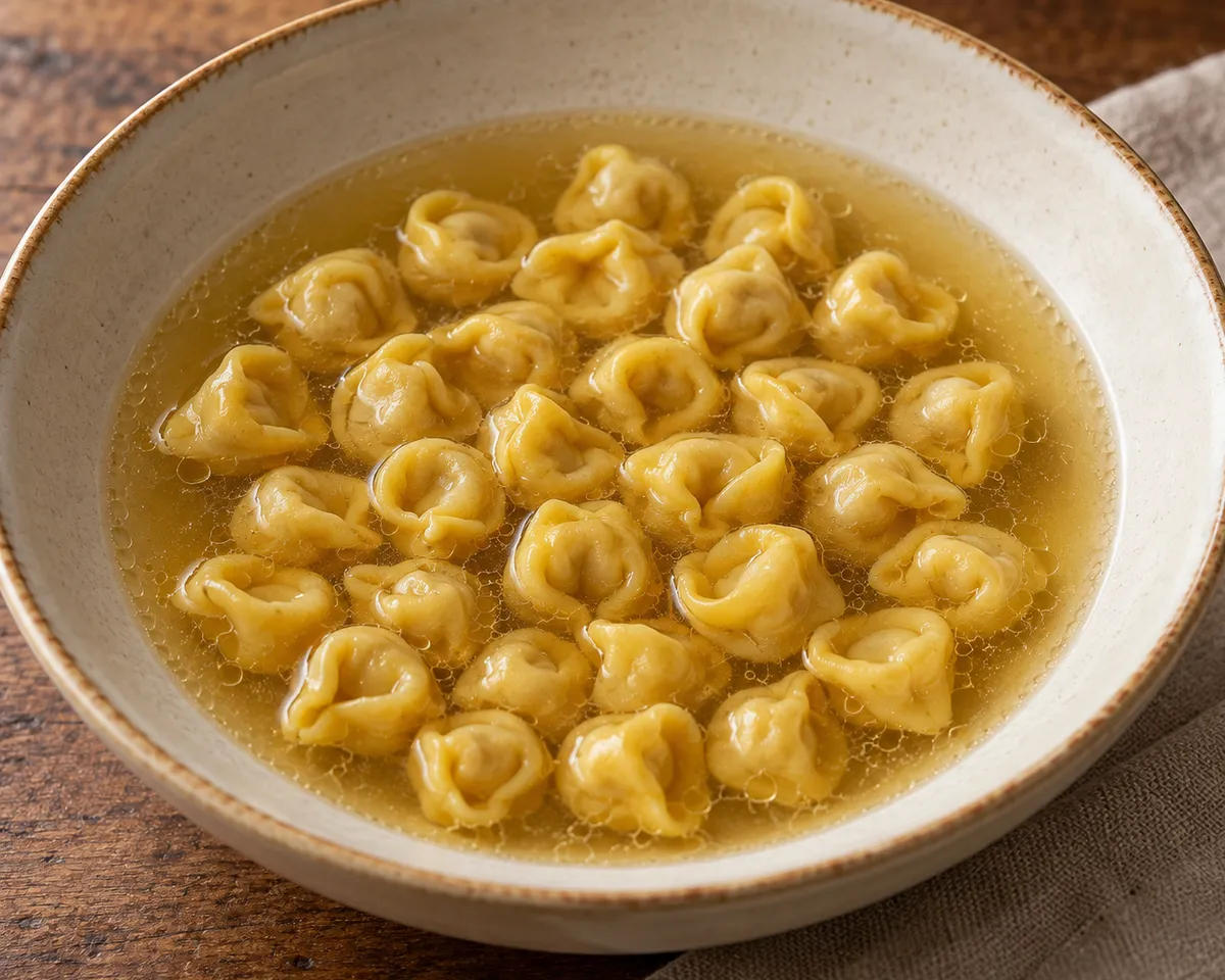 Tiny folded tortellini in clear golden beef-and-capon broth.