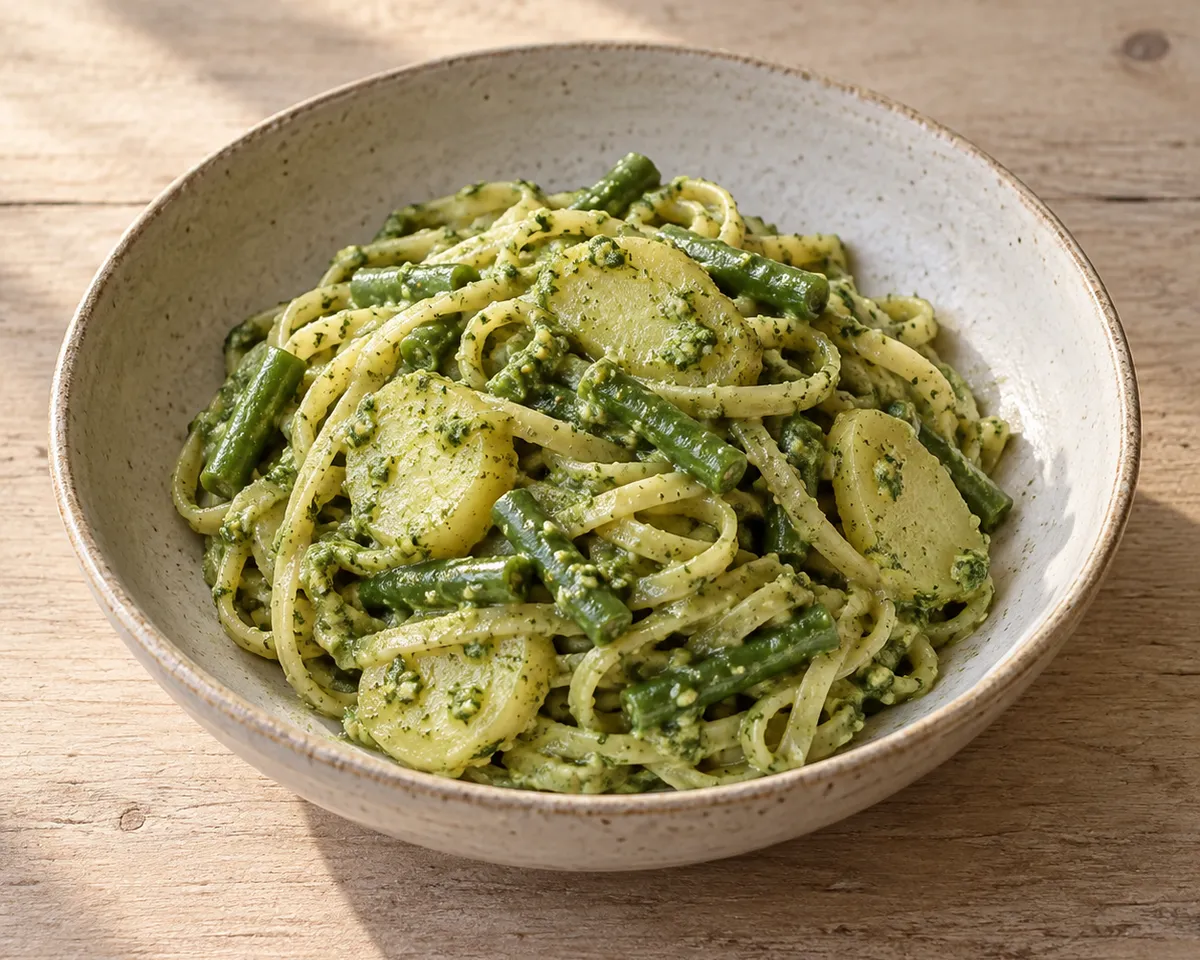 Trenette with potato slices and green beans in basil pesto in a speckled ceramic bowl.