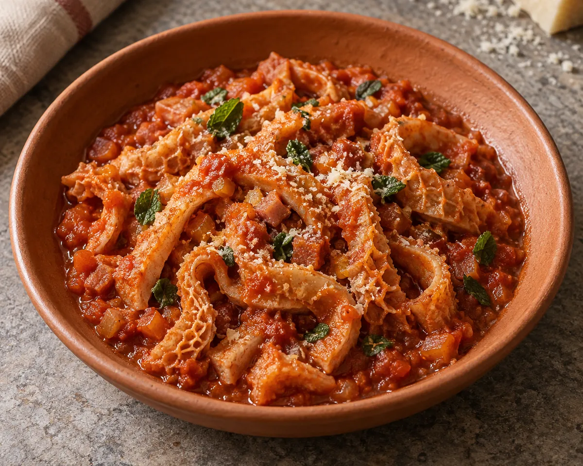 Narrow folded honeycomb tripe strips in tomato sauce with guanciale, mint and grated Pecorino Romano.