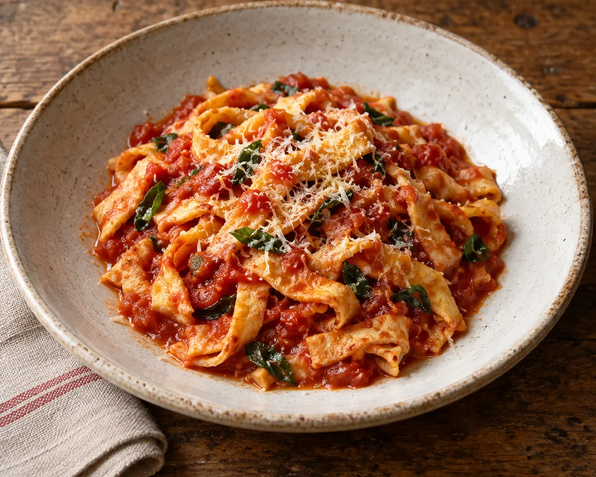 Trippa finta: thin egg-frittata ribbons in tomato sauce with torn basil and grated Parmigiano.