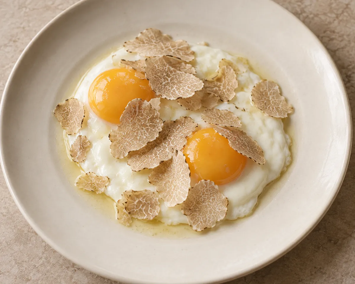 Two softly cooked eggs topped with pale white-truffle shavings.