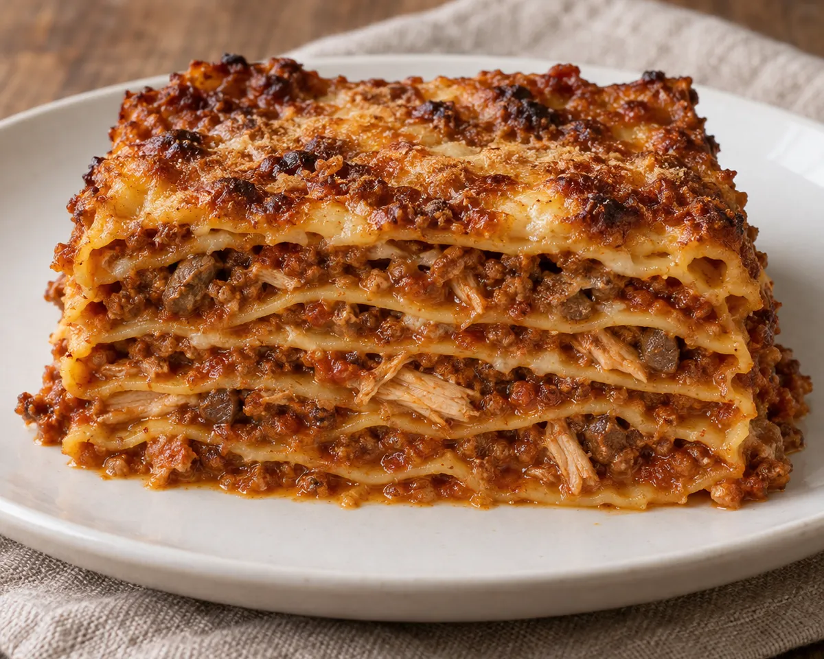 A rectangular serving of Vincisgrassi alla maceratese with thin pasta layers, meat ragù and a browned top.