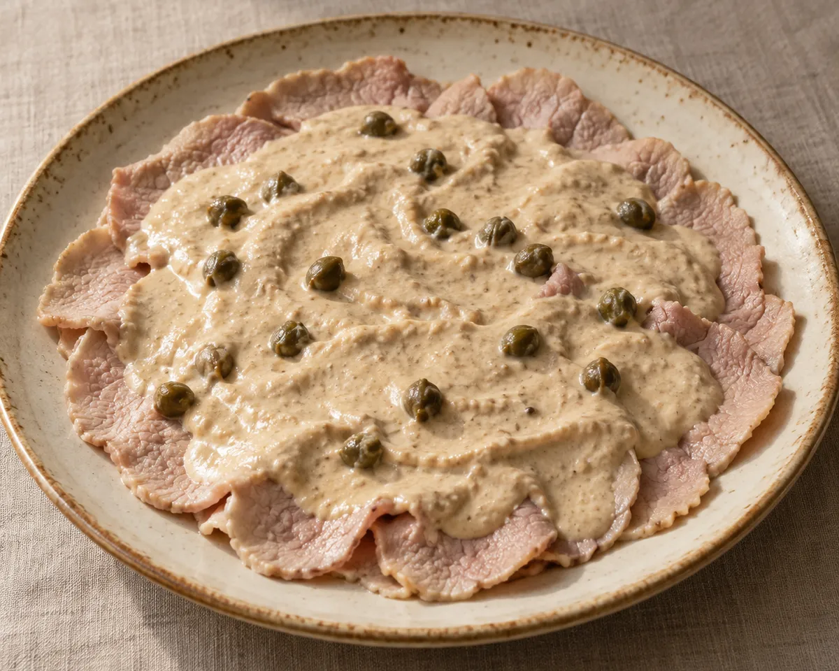 Thin overlapping veal slices covered with pale tuna sauce and capers on a ceramic plate.