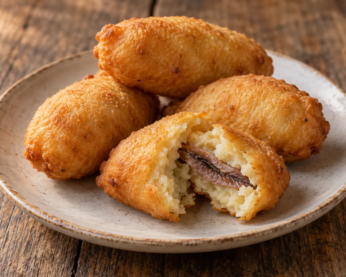 Golden potato-dough fritters, one broken open to show a cured anchovy inside.