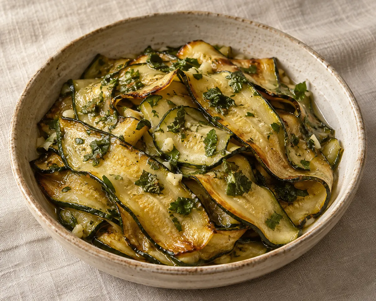 Overlapping fried zucchini slices with browned edges, chopped herbs and garlic in a shallow bowl.