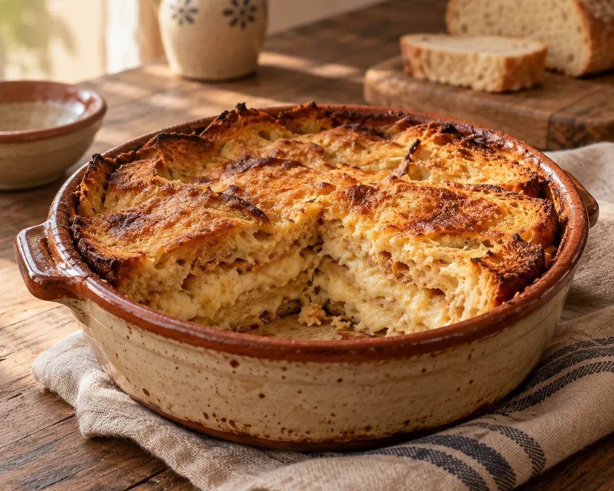 Cut baked bread-and-cheese casserole with a browned crust and soft layered interior in a ceramic baking dish.